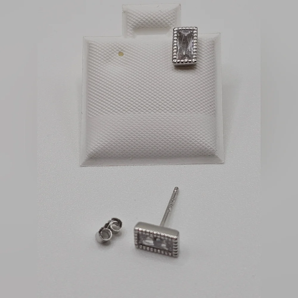 Sterling Silver 925 Rhodium Plated Rectangle Clear CZ Stud Earrings